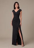 V-Neck Cap Sleeve Ruched Jersey Mother of the Bride Dress with Cascade Ruffle & Side Slit