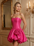 Strapless Corset Pearl Trim 3D Rose Bubble Skirt Satin Mini Dress