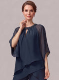 2-Piece Beaded Jewel Neck Batwing Sleeve Tiered Chiffon Pantsuit