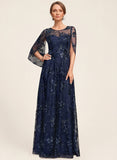 Illusion Scoop Neck Split Cape Sleeve Allover Sequin Floral Lace A-Line Mother of the Bride Dress