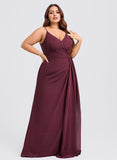 Plus Size A-line V-Neck Floor-Length Chiffon Bridesmaid Dress With Ruffle