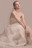 Strapless Floral Embroidered Tulle Pockets A-Line Wedding Dress with Train