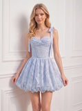 Tie Shoulder Strap Sweetheart Crossover Ruched Bust Floral Mini Dress