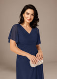 V-Neck Flutter Sleeve Ruched Chiffon A-Line Mother of the Bride Dress