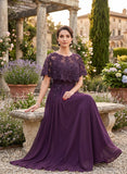 Illusion Scoop Neck Sequin Lace Cape Sleeve Ruched Waist Chiffon A-Line Mother of the Bride Dress