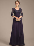 Empire V-Neck Floor-Length Lace Chiffon Mother of the Bride Dress With Cascading Ruffles Sequins