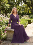 V-Neck 3/4 Sleeve Ruched Starburst Chiffon A-Line Mother of the Bride Dress