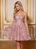 Spaghetti Strap Sweetheart Sequin Floral A-Line Tulle Mini Dress