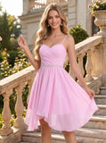 Spaghetti Strap Sweetheart Ruched Beaded Waist High-Low Chiffon A-Line Mini Dress