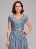 V-Neck Cap Sleeve Allover Rose Lace Applique Tulle A-Line Mother of the Bride Dress