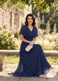 V-Neck Flutter Sleeve Ruched Chiffon A-Line Mother of the Bride Dress