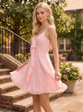 Spaghetti Strap V-Neck Bow Tie Front Ruffle Cascade Chiffon A-Line Mini Dress