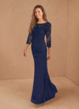 Bateau Neck 3/4 Illusion Lace Sleeve Ruched Sheath Mother of the Bride Dress