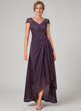 V-Neck Cap Sleeve Sequin Lace Applique Ruched Hi-Low Chiffon Mother of the Bride Dress
