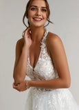 A-Line Halter Sequins Tulle Lace Wedding Dress