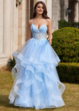 Ball Gown V Neck Sweep Train Tulle Prom Dress with Appliqued Beading Ruffles