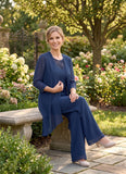 3-Piece Beaded Illusion Neck Chiffon Mother of the Bride Pant Suit with Jacket