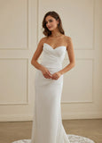 Sheath Strapless Court Train Satin Tulle Wedding Dress With Lace