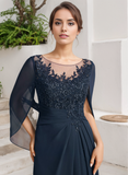 A-line Scoop Illusion Floor-Length Lace Chiffon Mother of the Bride Dress With Sequins Pleated