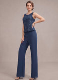 3-Piece Jewel Neck Allover Sequin Lace Top, 3/4 Sleeve Sequin Trim Chiffon Mother of the Bride Pantsuit