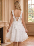 Sweetheart Bow Tie Straps Sequin Floral Embroidered Tulle A-Line Mini Dress