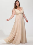 Plus Size A-line V-Neck Floor-Length Chiffon Bridesmaid Dress With Bow