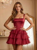 Square Neck Wide Strap Corset Satin Homecoming Dress with Tiered Organza Ruffle Dress & Lace-Up Back