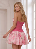 Strapless Draped Floral Print Lace Corset A-Line Homecoming Dress