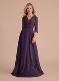 V-Neck 3/4 Sleeve Ruched Starburst Chiffon A-Line Mother of the Bride Dress