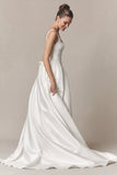 Square Neck Wide Strap Boned Corset Pockets A-Line Satin Wedding Dress with Train