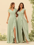 A-Line/Princess V-Neck Long Bridesmaid Dresses with Ruffles