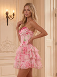 Strapless Sweetheart Lace Trim Floral Print Boned Corset Tiered Ruffle Homecoming Dress