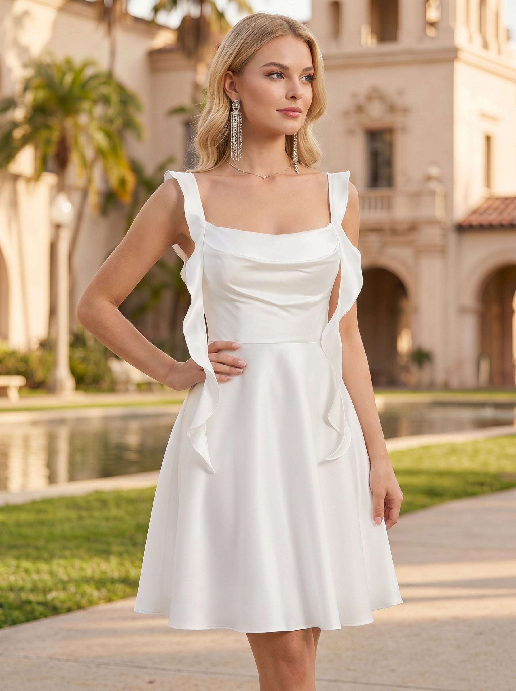 Square Neck Cowl Bust Ruffle Shoulder Strap Deep V-Back A-Line Satin Mini Dress
