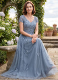 V-Neck Cap Sleeve Allover Rose Lace Applique Tulle A-Line Mother of the Bride Dress