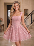 Wide Strap Sweetheart Allover Floral Lace Open Back Bow Tie A-Line Mini Dress