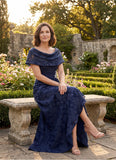 Cowl Neck Cap Sleeve Floral Jacquard A-Line Mother of the Bride Dress with Brooch & Side Slit