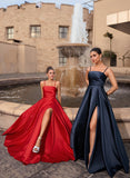 A-line Straight Floor-Length Satin Prom Dresses With Pleated