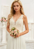 A-line V-Neck Sweep Train Lace Chiffon Wedding Dress