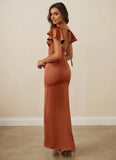 Flutter Sleeve Stretch Satin Sheath Bridesmaid Dress