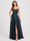 A-line V-Neck Floor-Length Matte Satin Prom Dresses With Pleated