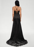 A Line Spaghetti Straps Slit Tulle Lace Prom Dress with Slit