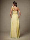 A-Line/Princess One-Shoulder Sleeveless Hand-Made Flower Long Chiffon Bridesmaid Dresses