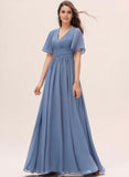 A-Line Chiffon V-Neck Ruffle Sleeves Floor-Length Bridesmaid Dresses with Slit