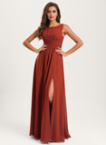 A-line Boat Neck Floor-Length Chiffon Bridesmaid Dress With Ruffle