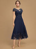 A-line Scoop Illusion Tea-Length Lace Chiffon Mother of the Bride Dress With Sequins