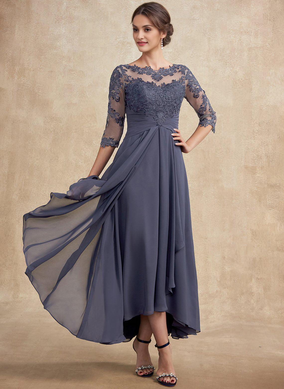 A-line Scoop Illusion Asymmetrical Lace Chiffon Mother of the Bride Dr RoseProm A-line Scoop Illusion Asymmetrical Lace Chiffon Mother of the Bride Dr RoseProm