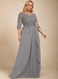 A-line Scoop Illusion Floor-Length Chiffon Lace Mother of the Bride Dress With Beading Sequins Cascading Ruffles