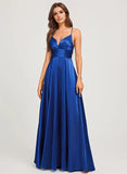 A-line V-Neck Floor-Length Stretch Satin Prom Dresses With Pleated