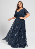 Plus Size A-line V-Neck Floor-Length Lace Sequin Chiffon Mother of the Bride Dress With Pleated