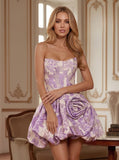 Strapless Sweetheart Floral Jacquard Boned Corset 3D Rose Bubble Dress Mini Dress